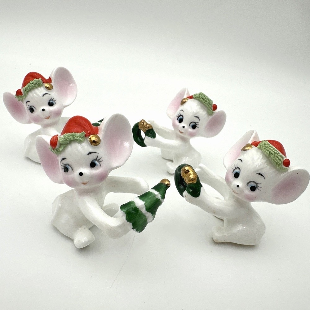 Vtg Napco Christmas Mouse Candle Huggers Set 4 Spaghetti Trim Japan Bone China